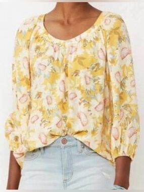 LC Lauren Conrad Yellow Floral Scoop-Neck Peasant Blouse